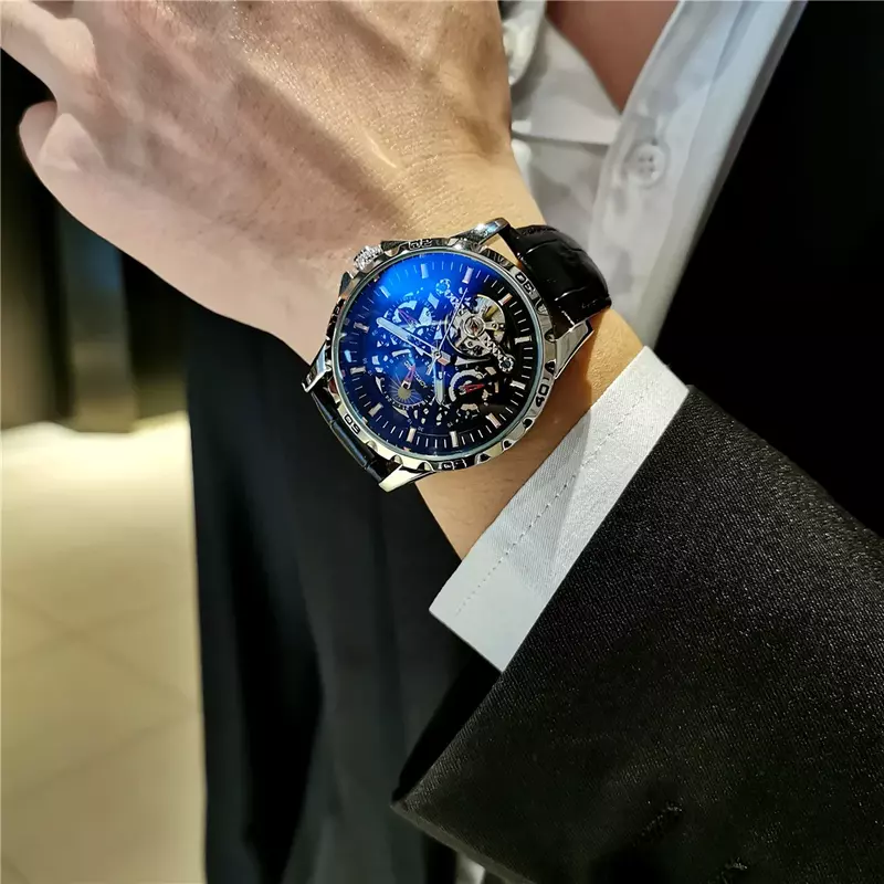AOKULASIC New Male Tourbillon Mechanical Watches Automatic Wristwatch Mens Hollow Out Clock Luminous Moon Phase Waterproof Watch