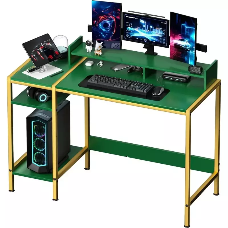 Mesa do computador para jogos com espaço de armazenamento, escrivaninha para 2 monitores, espaço de armazenamento ajustável