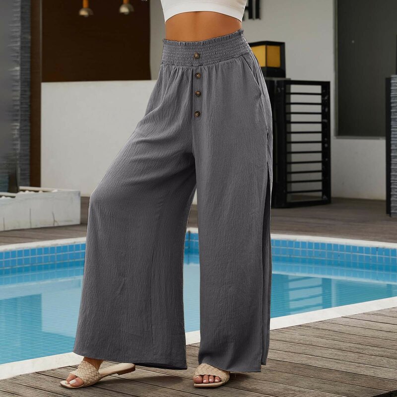 Women'S Wide Leg Pants Summer Daily Casual Widen Elastic Waist High Slit Loose Flowy Pants Solid Lightweight Comfy Cool Pants