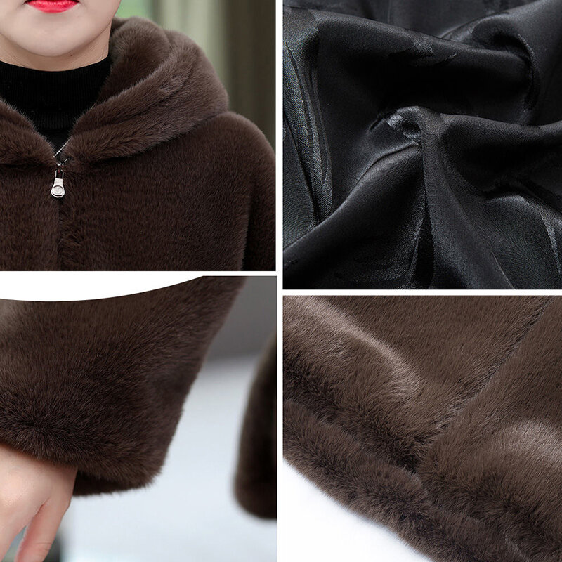Plus Size Hoodded Faux Fur Coat Women Vintage Imaitation Mink Plush Short Jacket All-Match Thick Zipper Lamb Wool Outwear S-5XL