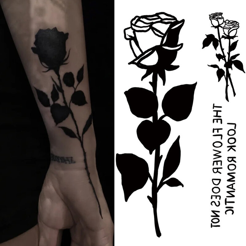 1Pcs Black Rose Tijdelijke Tattoo Sticker Bloem Vlinder Body Benen Arm Art Realistische Fake Tattoo Festival Party Bikini Tattoos
