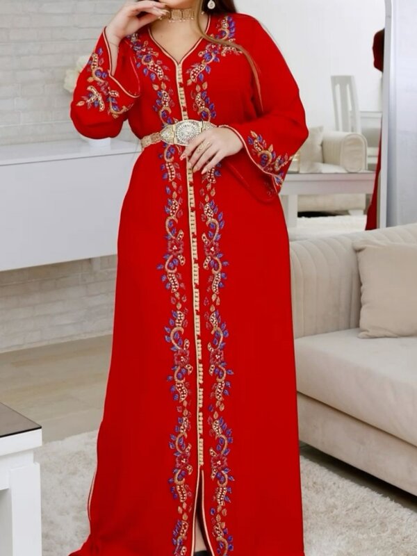 Robe de Soirée Rouge à Col en V pour Femme, Tenue de Patients Trapèze, Vintage, avec Perles, Longueur au Sol