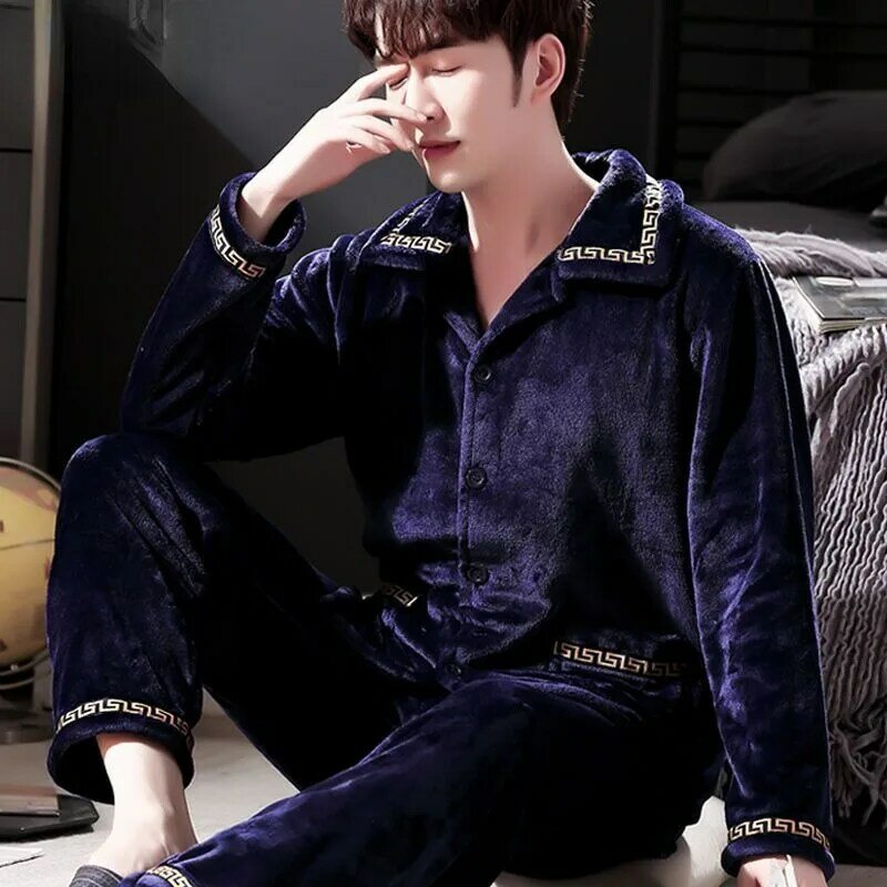 Conjunto de pijama de flanela grossa masculino, Homewear de pelúcia quente, veludo coral extragrande, de meia idade e jovem, outono e inverno, 2023