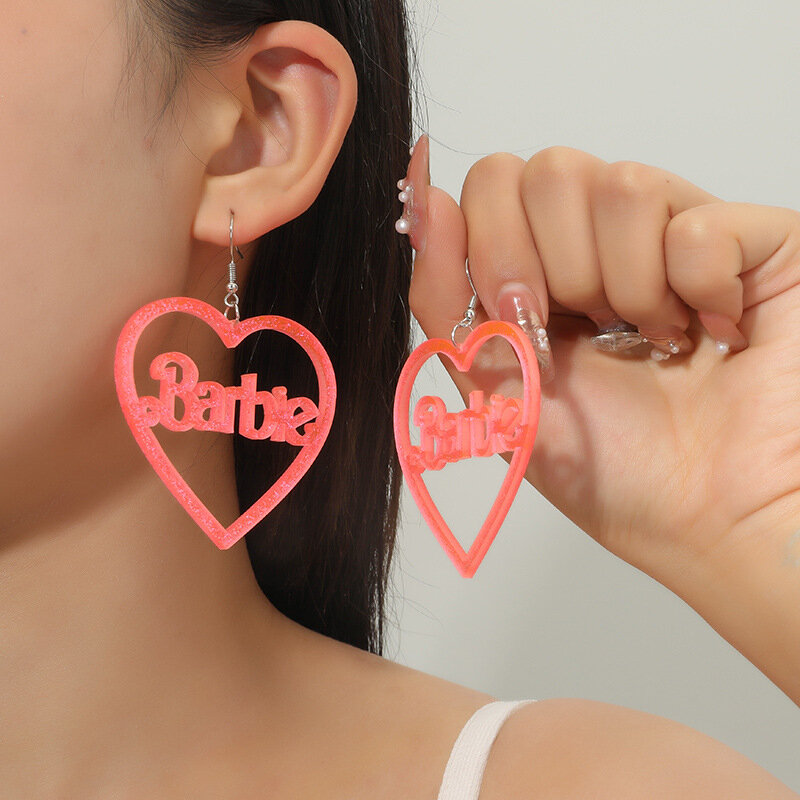 New Cute Children Earrings Pink Glitter Earrings Love Hollow Acrylic Earrings Funny Jewelry Suitable for Women Gifts To Her