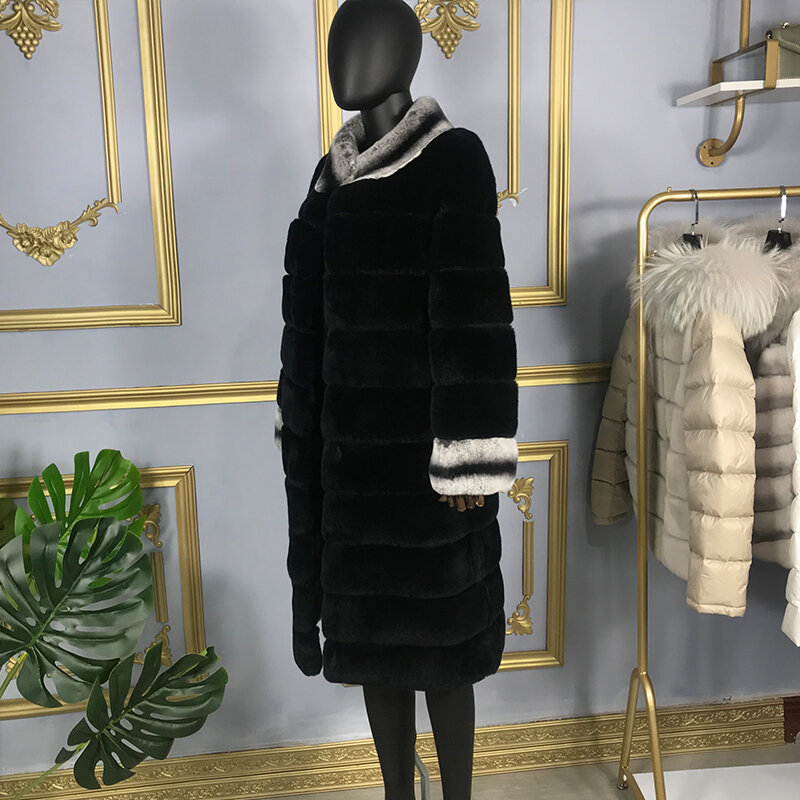 Long Style Genuine Rabbit Fur Coat Women Jacket Winter New Fashion Warm Stand Collar Overcoats Thick Customizable