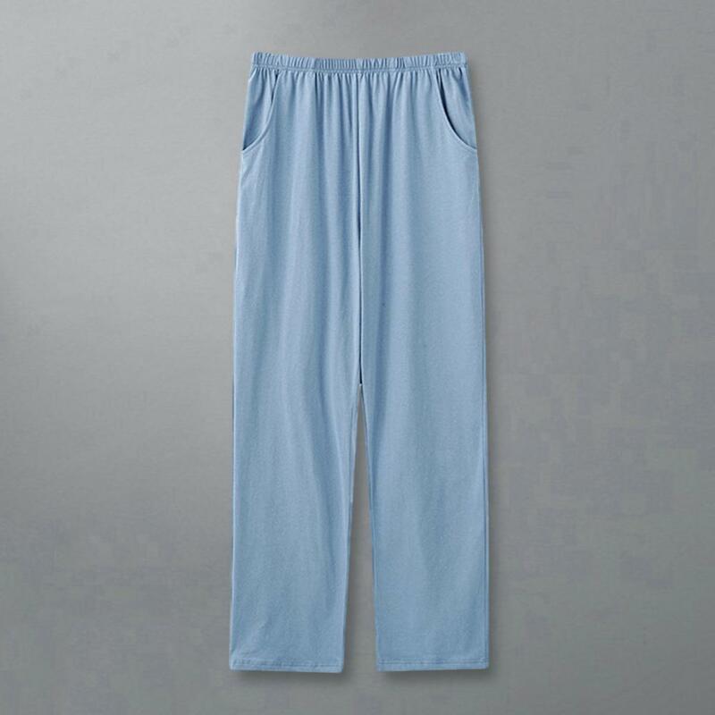Celana piyama kaki lurus nyaman pria, piyama musim dingin dengan pinggang sedang warna Solid kantong tipis untuk nyaman