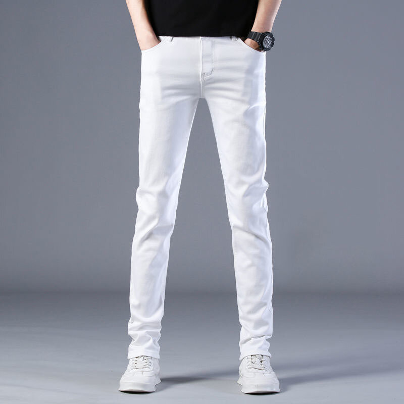 Calças compridas jeans slim fit elásticas masculinas, calça jeans de perna reta branca, casual streetwear, marca de moda Y2K