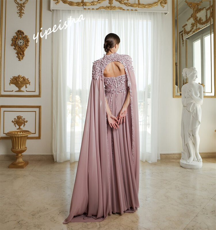 Yipeisha-正方形-線のプロのドレス、床の長さのドレス、appiqueラインストーンシフォン、カスタマイズ、絶妙