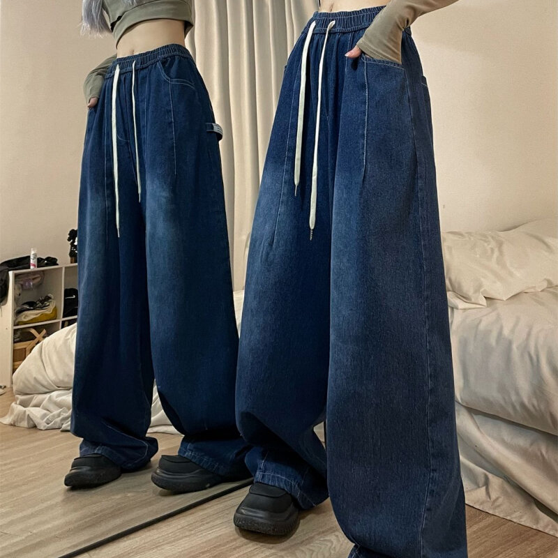 Calças jeans de cintura elástica extragrande, jeans vintage, calça básica reta, cintura elástica, streetwear de perna larga, Y2k, primavera