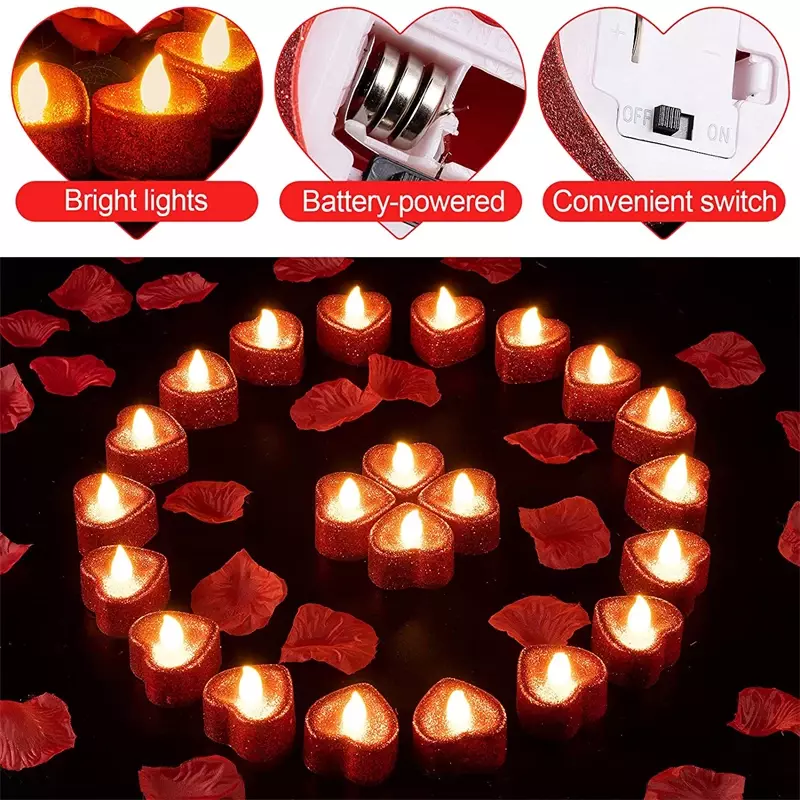愛の心の形をしたLEDキャンドル,電池式キャンドル,バレンタインデー用の電気ティーライト,6個