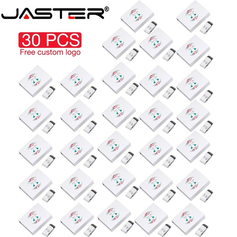 JASTER 30 PCS LOT USB Flash Drive 128GB Free Custom Logo Memory Stick 64GB White Leather Pen Drive 32GB Color Printing USB Stick