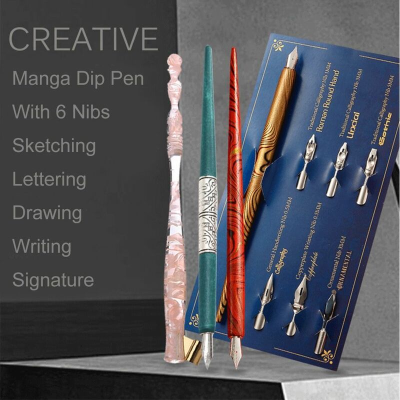 Pluma de inmersión para caligrafía de Manga, Kit de pluma estilográfica para dibujo, cómic, 6 puntas