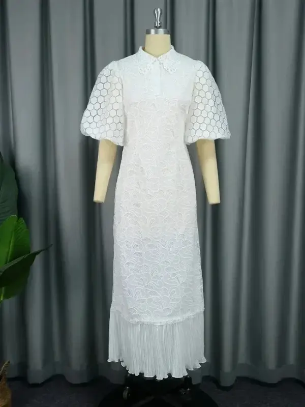 Африканские свадебные платья для женщин, Кружевное белое платье средней длины с отложным воротником и пышными рукавами, роскошное платье в складку
