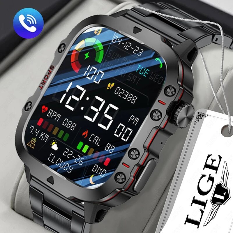 LIGE nowy inteligentny zegarek 1,96-calowy ekran 420 MAh połączenie Bluetooth asystent głosowy zegarek Fitness sportowy wodoodporny Smartwatch dla mężczyzn