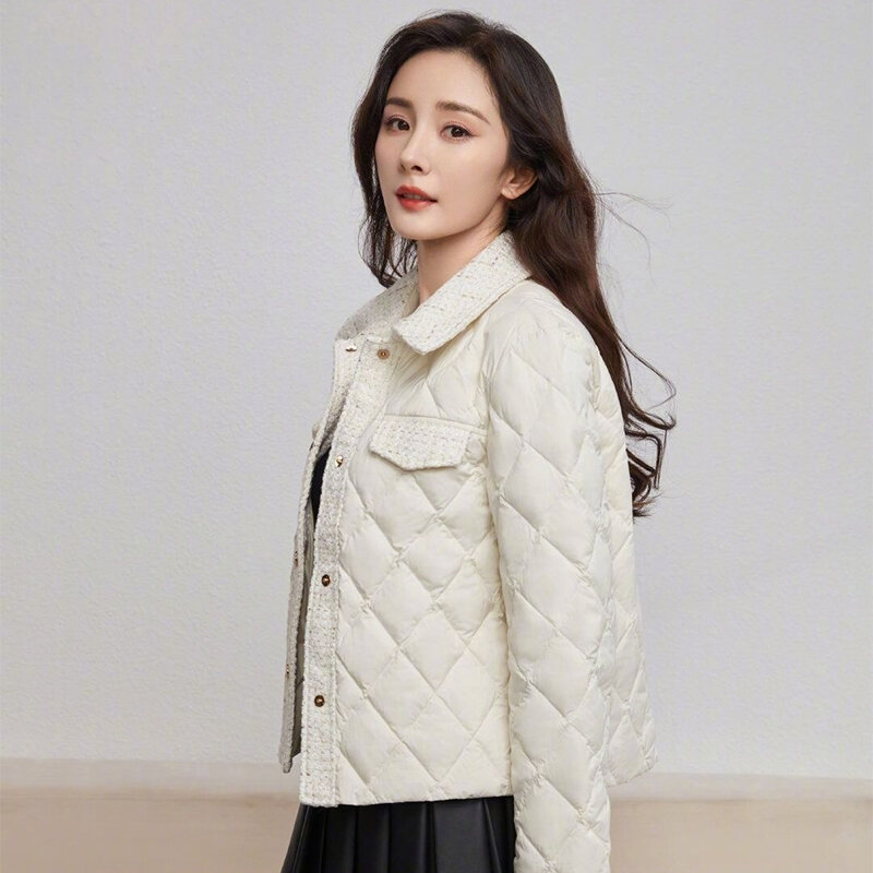 Fashion Lightweight Down Coat Plaid Print Women Puffer Jackets Elegant Lapel Full Sleeve One Breasted Winter Liner Coat