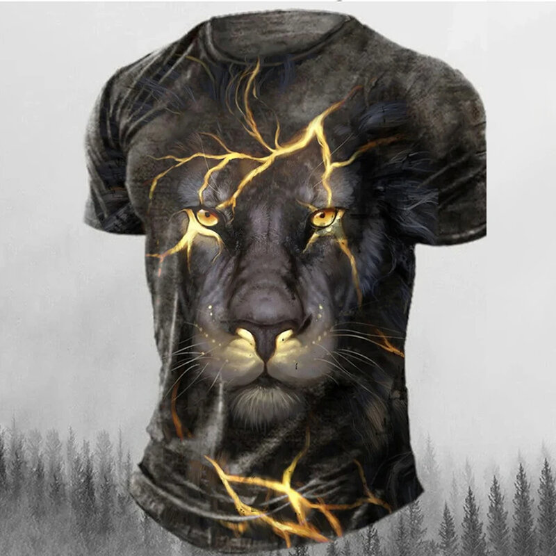 Kaus motif hewan singa 3D bergaya antik Retro baru kaus kasual foto jalanan atasan olahraga pria kasual modis ukuran Plus