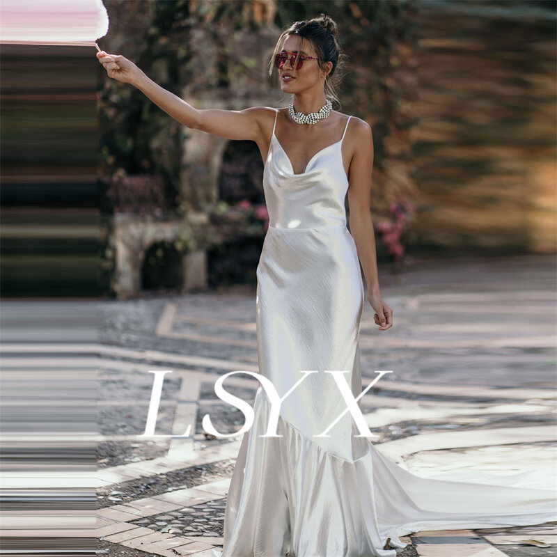 LSYX V-Neck Sleeveless Simple Spaghetti Straps Mermaid Wedding Dress Cut Out Back Court Train Floor Length Bridal Gown