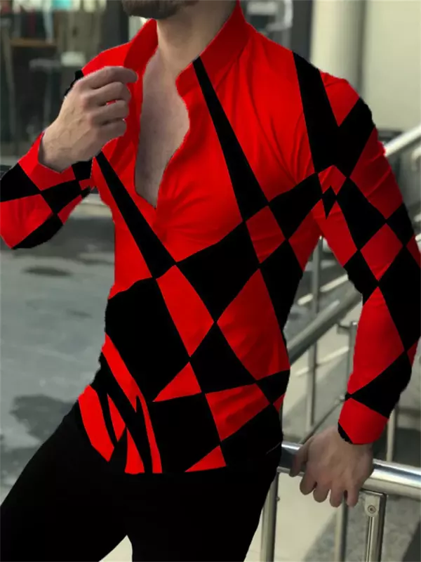 Модная мужская рубашка, новый дизайнерский дизайн 2023, популярные элементы, красная клетчатая полоса, Повседневная Уличная фоторубашка с длинным рукавом и отворотом