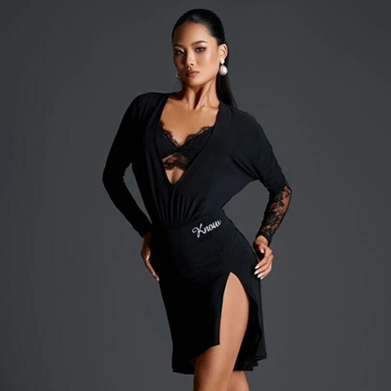 Latin Dance Dress Women Bat Sleeves Black Lace Dress Adult Rumba Cha Cha Tango Dance Clothes Salsa Performance Costume DNV20290