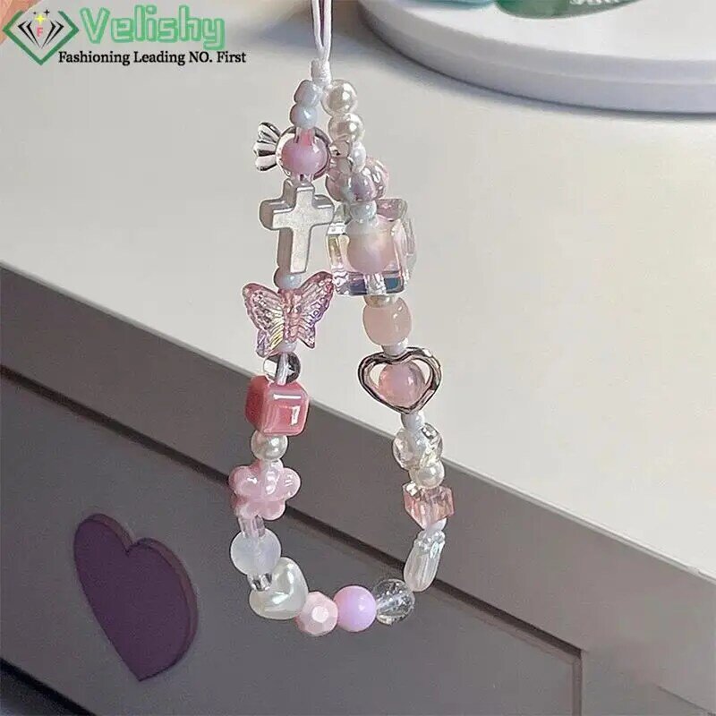 Charm tali gantungan ponsel pita hati Resin, multiwarna untuk wanita anak perempuan Telepon perhiasan tali Lanyard manik-manik