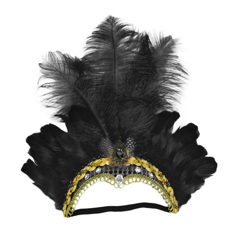 Diadema de plumas de diamantes de imitación de lentejuelas para mujer, tocado de fiesta de baile de Halloween, diadema de plumas de fiesta Vintage, accesorios para el cabello