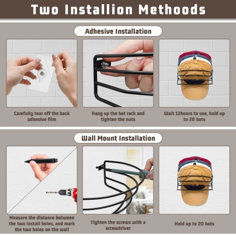 Set 2 hoedenstandaarden voor muur-baseballpetten, hangerrek, praktische hoedenorganizer, wandgemonteerde huishoudelijke