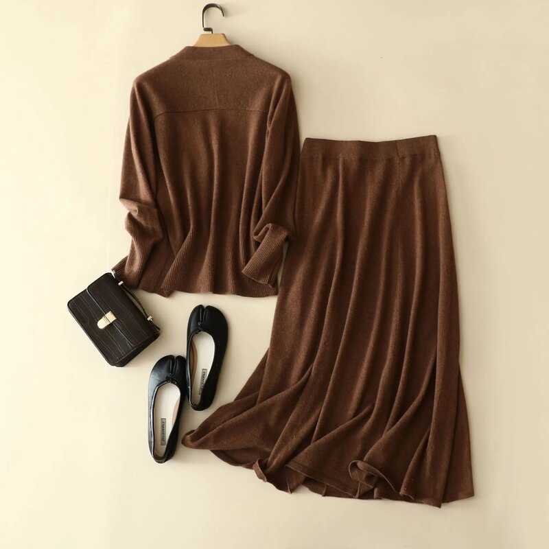 Aliaga-Conjunto 100% Cashmere feminino, cardigã de bolso tricotado, saia plissada, novo, outono