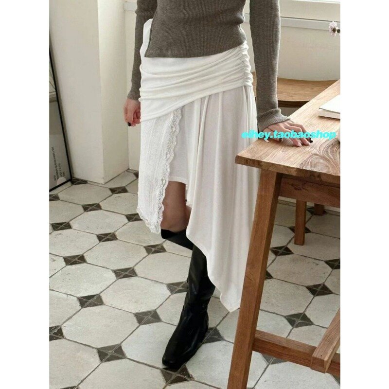 Винтажная Асимметричная кружевная юбка в корейском ретро стиле с низкой талией и асимметричным разрезом, модная уличная юбка