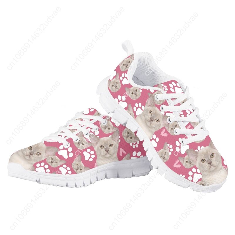 Adoráveis gatos rosa 3D imprimem sapatos baixos para crianças, Comfort Lace Up Mesh Sneakers, Dog Footprint Design, Kids Walk Shoes, presente