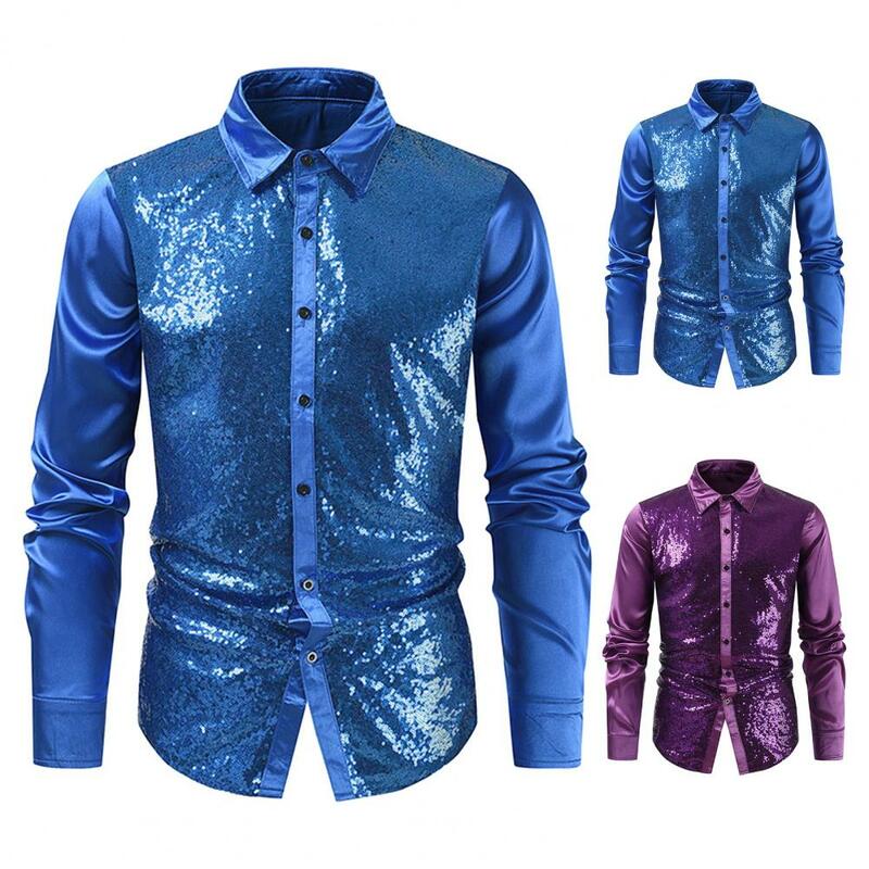 Solid Color Men Shirt Sequin Performance Shirt for Men with Turn-down Collar Long Sleeves Satin Buttons for Club Party Stage