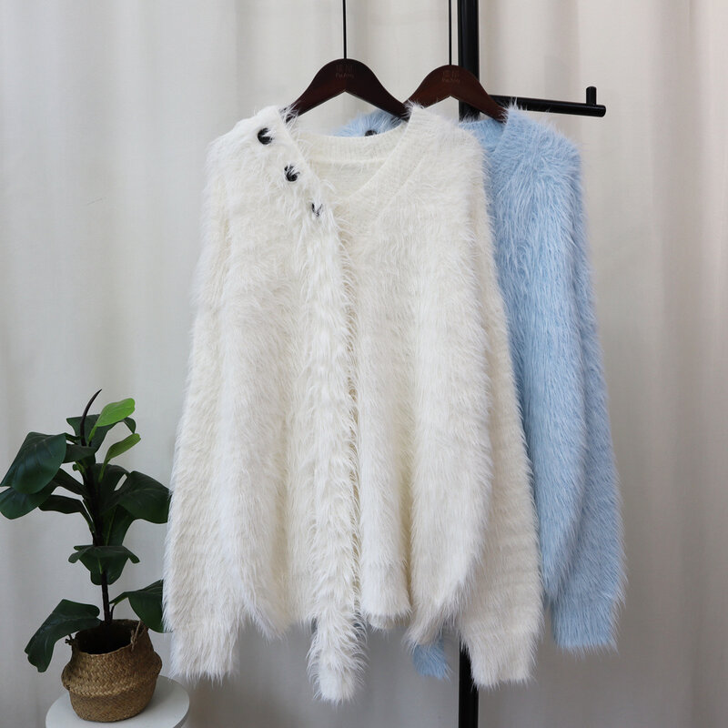Hsa 2023 baru musim gugur musim dingin Mink beludru V-neck Perancis Sweater wanita Pullover longgar Mohair malas manis sweter mewah atasan Chic luar