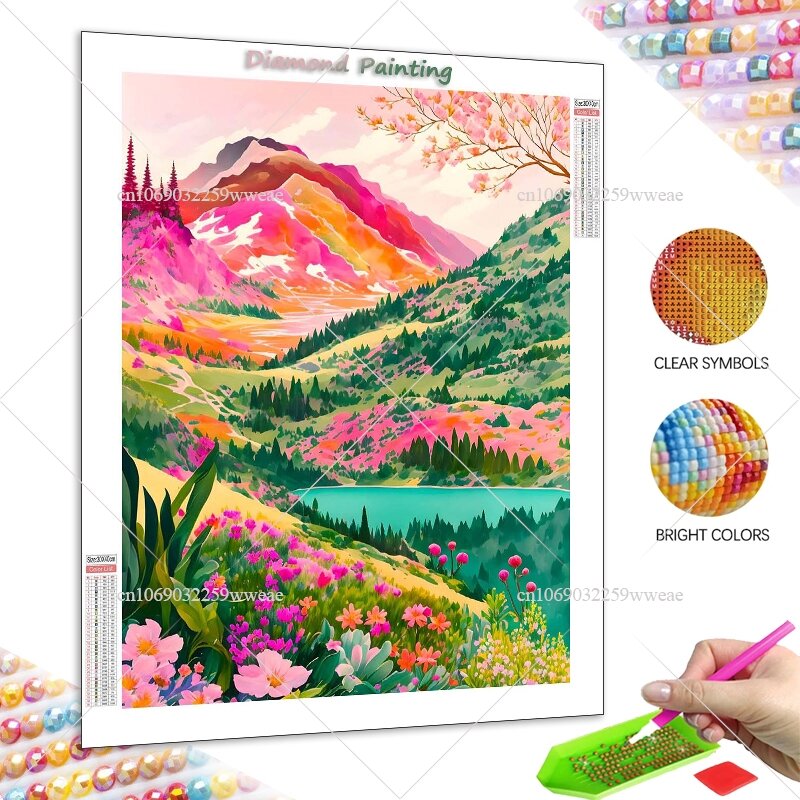 Fantasia Diamante Pintura para Artesanato, Mosaico, Campo Paisagem, Floral Lake Print, Wall Decors, Montanha e Lago