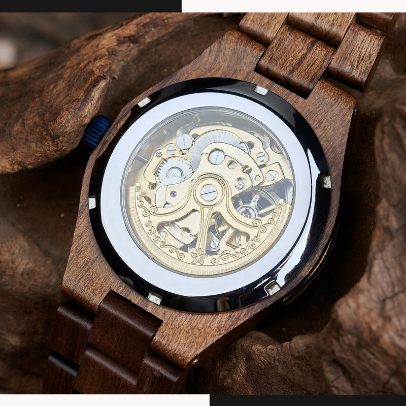 Relógio mecânico esqueleto de madeira masculino, leve, pulseira de madeira natural