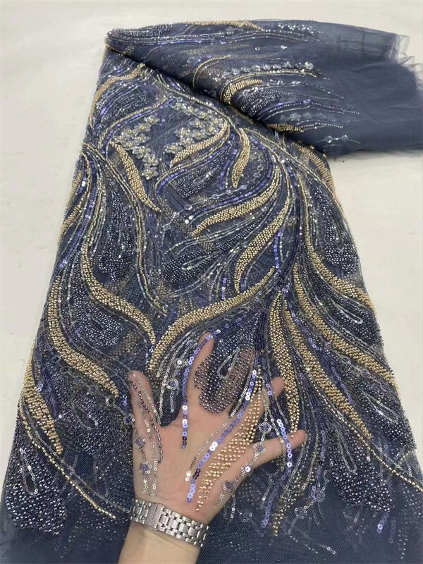 Tecido em renda com miçangas artesanais para vestido, luxuoso lantejoulas nigerianas, bordado de contas africano e francês, alta qualidade, 2024
