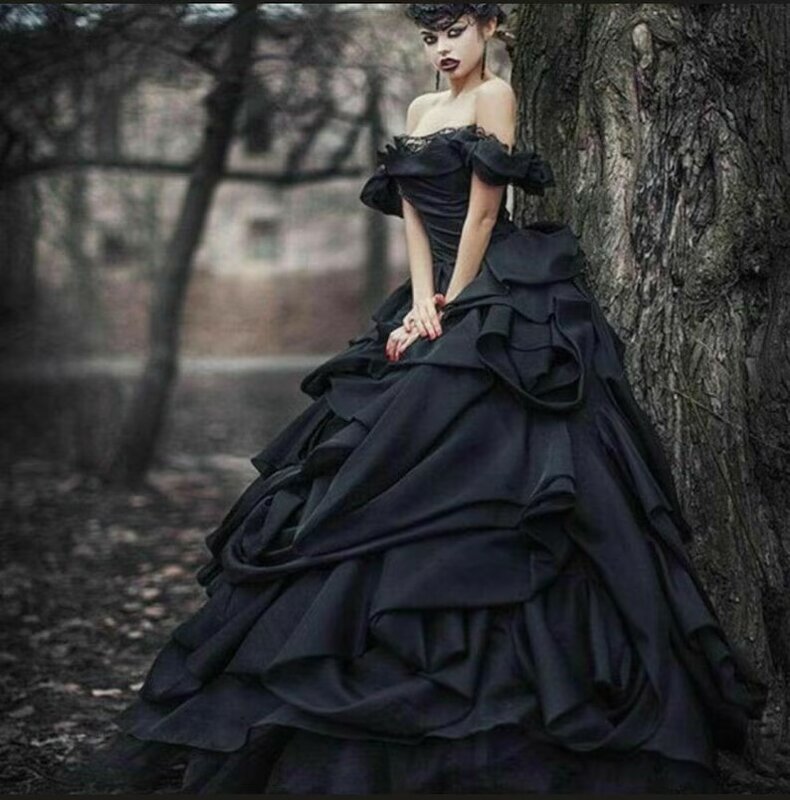 Schwarze gotische Brautkleider Ballkleid von der Schulter Rüschen Vintage Brautkleid Brautkleider vestidos de novia