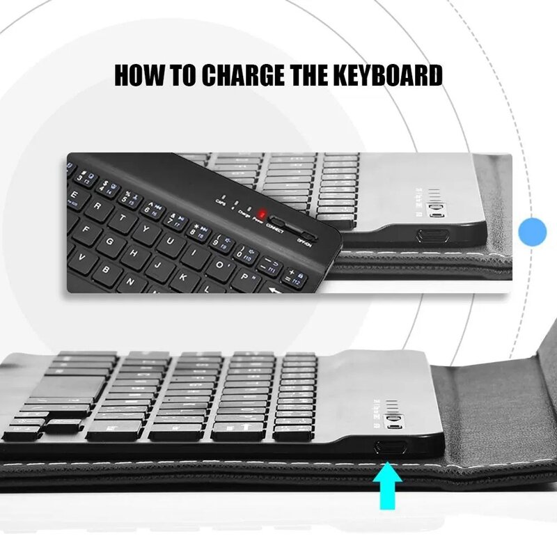 スマートフォンとタブレット用のミニBluetoothワイヤレスキーボード,PUレザーケース付き,充電式,黒,4.5-6.8インチ