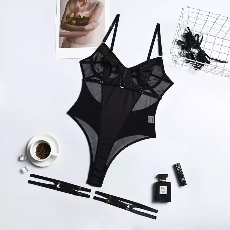 Bodysuit Clubwear Frauen sehen Mesh Body durch sexy sinnliche schwarze rücken freie Bodysuit einteilige Patchwork Femme Dessous