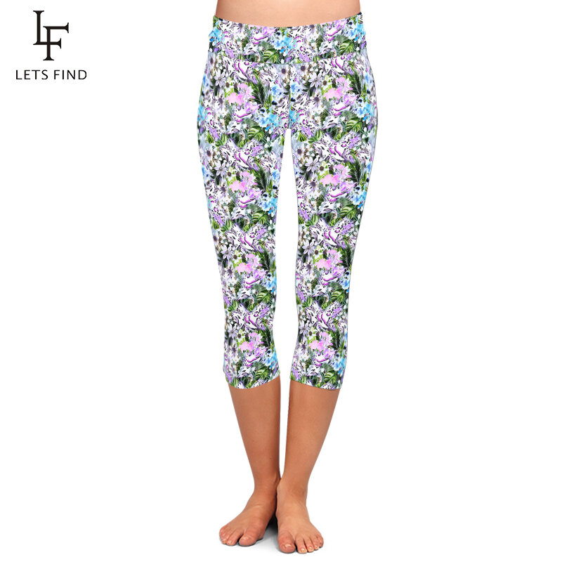 Letsfind novo floral e leopardo impresso mulheres de cintura alta capri leggings alta qaility macio calças de fitness verão
