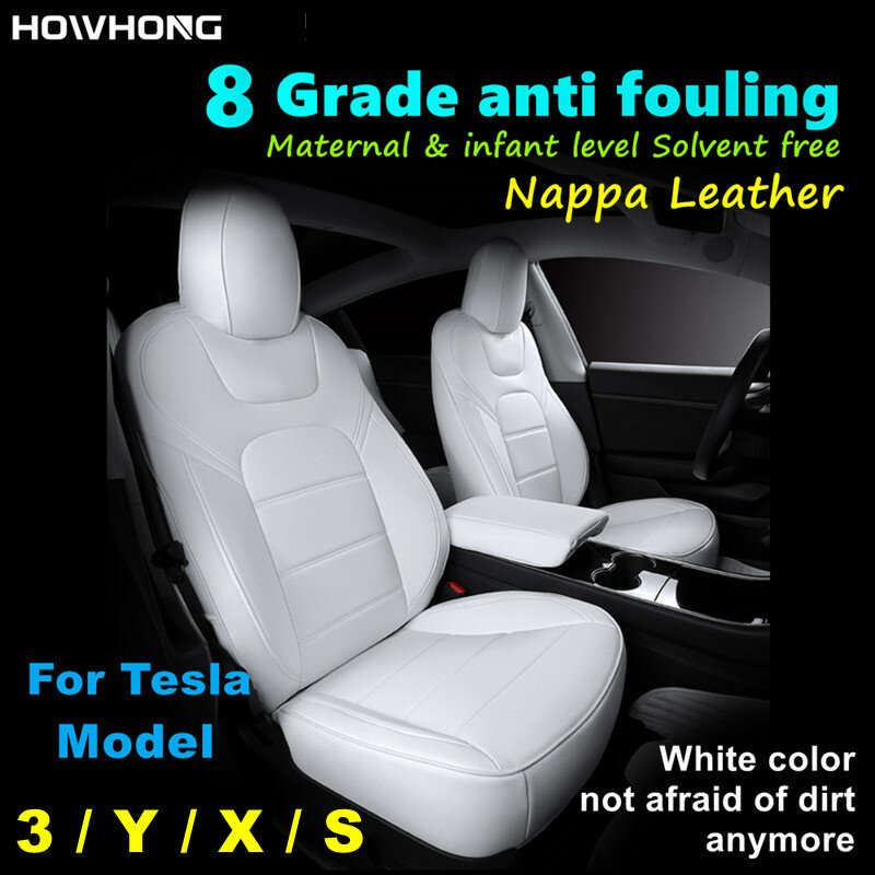 Anti-incrustação Nappa Couro Branco Seat Cover para Tesla, 8 Grau, Full Surround, Solvent Free, Acessórios Interior do carro, Model 3, Y, X, S