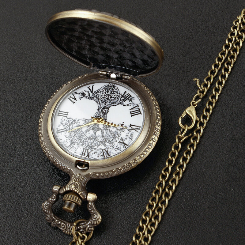 Męski damski naszyjnik z łańcuszkiem kwarcowym z zegarem w stylu Vintage drzewo życia szkic malowidło tuszowe tarcza zegarek kieszonkowy z brązu