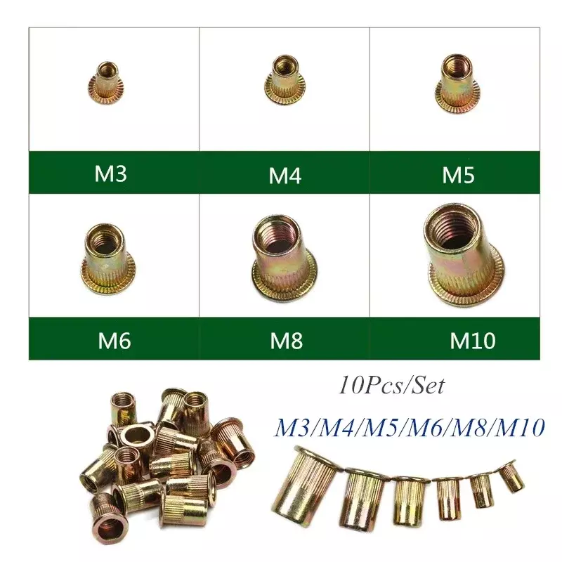 10/20Pcs M3 M4 M5 M6 M8 M10 Zinc Plated Knurled Nuts Rivnut Flat Head Threaded Rivet Insert Nutsert Cap Rivet Nuts