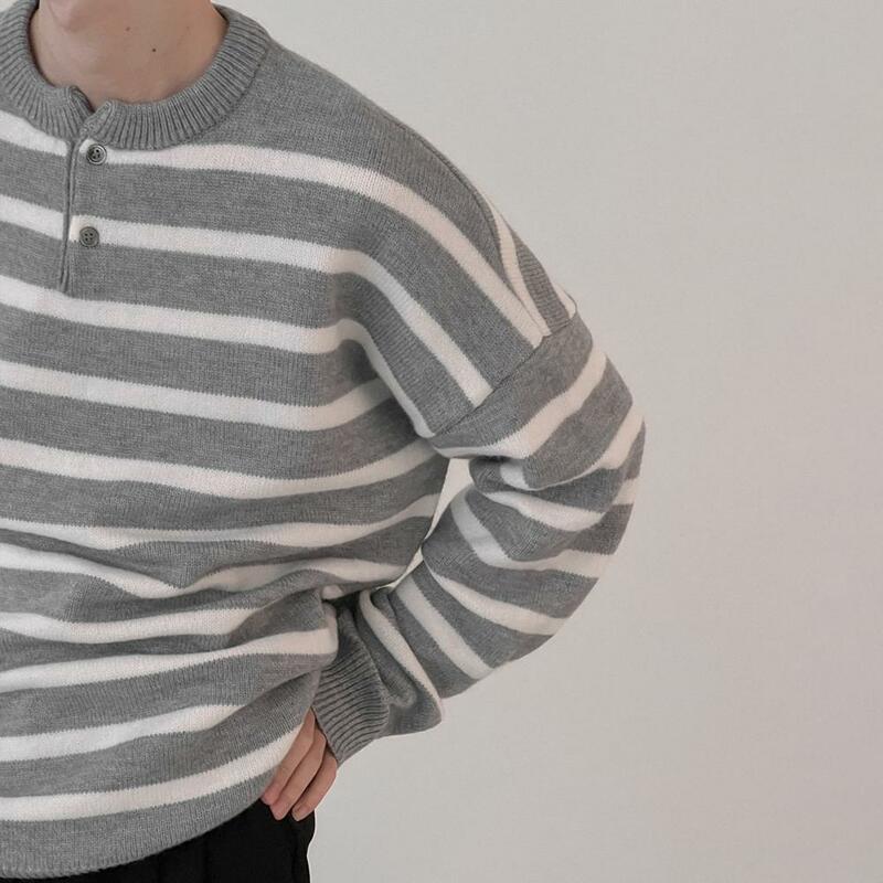 Sweater pria leher bulat, Sweater kasual Pullover hangat musim dingin, lengan panjang leher O, Sweater rajut motif garis-garis untuk pria, musim gugur