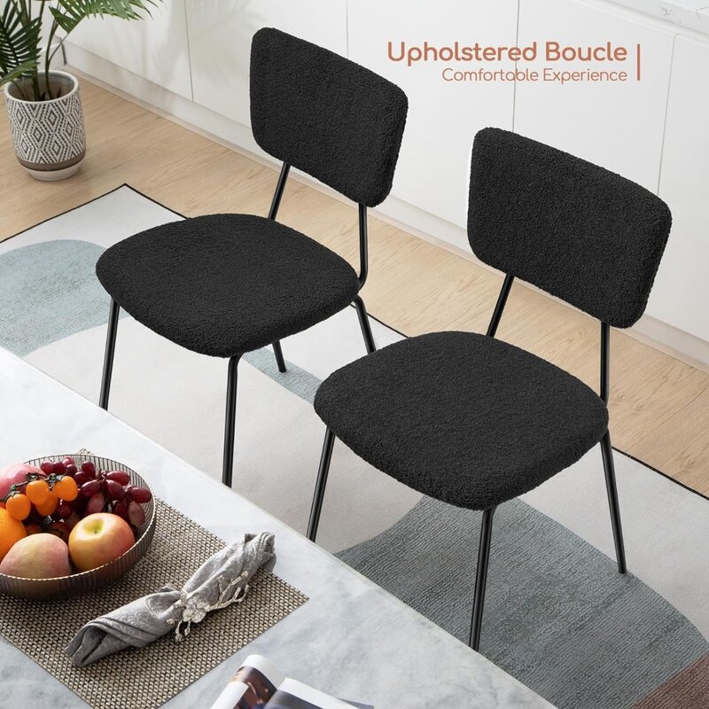 Cadeiras de jantar com pernas de metal preto, cadeira estofada para cozinha, boucle moderna, sala de jantar, conjunto de 4