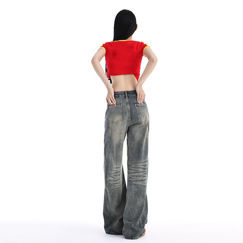 American Vintage Damen Jeans Mode Streetwear hohe Taille weites Bein Hosen Baggy Straight Denim Hose
