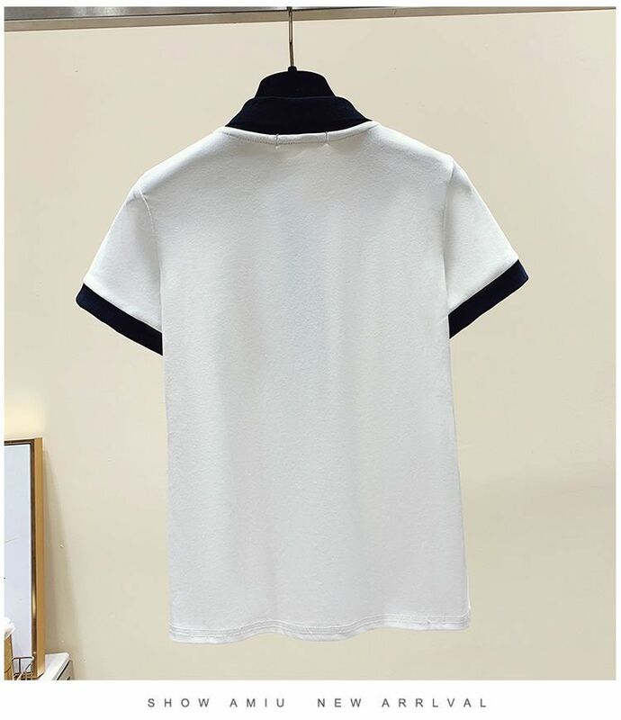 Estate nuova t-shirt a maniche corte in puro cotone per donna con colletto a Polo Design Slim Fit e Versatile Top corto