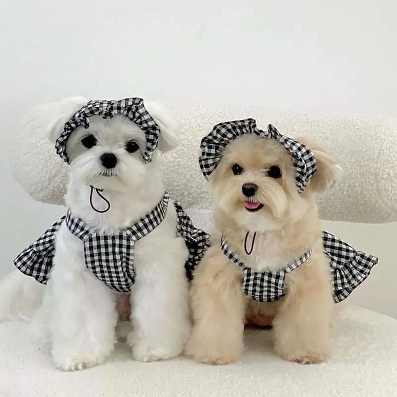 Pakaian anjing musim panas hewan peliharaan mewah kotak-kotak bergaris rok Suspender topi rompi Set Gaun anak anjing Chihuahua Bichon Yorkie kostum anjing 2024