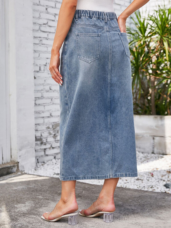 Benuynffy-Saia jeans feminina lavada com elástico na cintura, saia jeans reta com bolsos, divisão frontal, casual na rua, primavera, verão