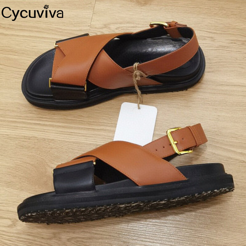 Sandalias planas de cuero cruzado para mujer, zapatos de playa para vacaciones de verano, sandalias informales de marca de diseñador, 2022