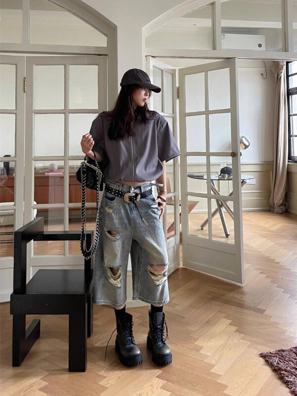 ADAgirl porwane dżinsy spodnie do łydki damskie moda hip-hopowa Oversize drążą spodenki jeansowe Streetwear Vintage letnie spodnie