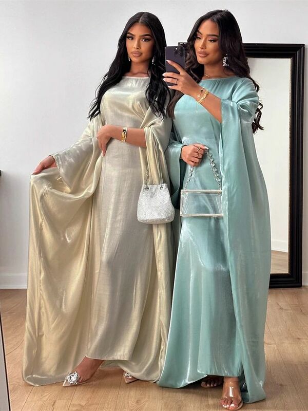 Vestido largo de satén con manga de mariposa para mujer, caftán Kebaya, Abaya, Dubái, musulmán
